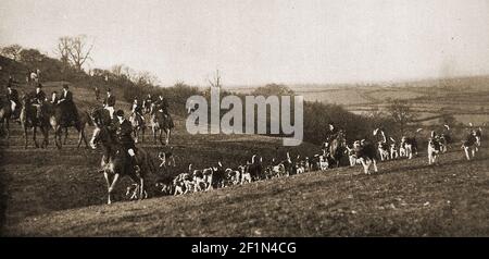 Una vecchia fotografia stampa dei Cottmore Fox Hounds vicino a Oakham, in Inghilterra. La Cottesmore Hunt, che prende il nome dal villaggio di Cottesmore, dove gli hounds sono stati cacciati in canile soprattutto nella contea di Rutland ed è uno dei più antichi pacchetti foxhound in Gran Bretagna. Foto Stock