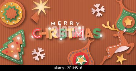 Allegro Natale banner web illustrazione di Natale decorazione natalizia fatto in 3d papercut stile artigianale. Cartoncino riciclato, le icone delle festività includono re Illustrazione Vettoriale