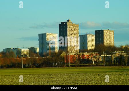 Vista dello skyline del quartiere di Francoforte "Frankfurter Berg" dal fiume Bonames / Nidda. L'area tra fa parte della cintura verde (Gruenguertel) Foto Stock