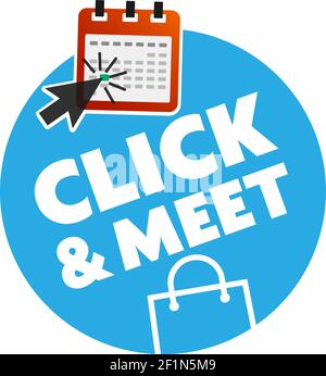 Fare CLIC e INCONTRARE adesivo o simbolo con l'icona del calendario e la borsa della spesa, in persona shopping dopo aver fatto appuntamento online concetto Illustrazione Vettoriale