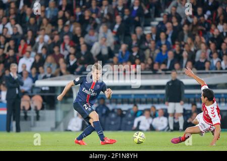 Lucas Digne (psg) durante la partita di calcio del Campionato Francese Ligue 1 tra Paris Saint Germain e Stade de Reims il 23 maggio 2015 allo stadio Parc des Princes di Parigi, Francia. Foto Stephane Allaman / DPPI . Foto Stock