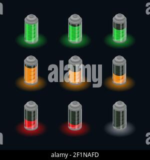 Stato di carica della batteria isometrica impostato con diversi indicatori di livello di carica su sfondo nero immagine vettoriale isolata Illustrazione Vettoriale