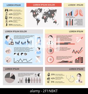 Infografiche di asma bronchiale con la mappa del mondo medico pazienti polmoni pillole grafici delle statistiche della polvere pet Illustrazione Vettoriale