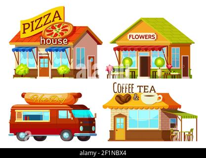 Facciata del ristorante in stile Cartoon Street e camion con cibo segni e tappeti di diversi colori vettoriali Illustrazione Vettoriale