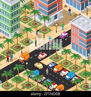 Illustrazione isometrica in 3D del quartiere della città con le case Illustrazione Vettoriale