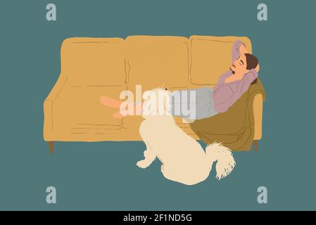 Bella donna sdraiata sul divano giallo con un cane bianco, mentre mettere le mani sotto la testa. Stile di vita e concetto di intimità domestica. Stile piatto. Illustrazione vettoriale Illustrazione Vettoriale