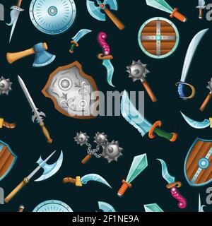 Armi medievali motivo di sfondo senza cuciture con elementi cartoni animati volanti su illustrazione vettoriale nera Illustrazione Vettoriale