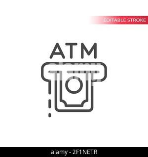 ATM con icona vettore di linea di banconote. Bancomat simbolo semplice, tratto modificabile. Illustrazione Vettoriale