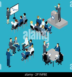 Insieme isometrico per la formazione aziendale con insegnanti e mobili per il pubblico e. computer su sfondo blu immagine vettoriale isolata Illustrazione Vettoriale