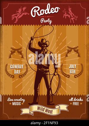 Poster dei rodei vintage con cowboy che lancia il lazo e il selvaggio West elementi Illustrazione Vettoriale