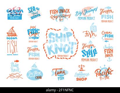 Sketch frutti di mare premium logotipi set con scritte a mano diverse marine animali Illustrazione Vettoriale