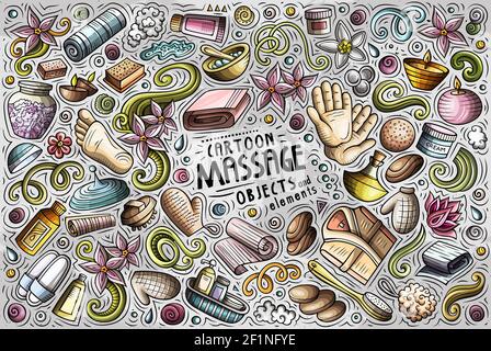 Colorato vettore Doodle disegnati a mano cartoni animati di temi di Massaggio oggetti, oggetti e simboli Illustrazione Vettoriale