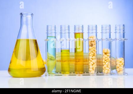 Biocarburante con etanolo derivato dal labirinto di mais con provette per analisi in becher e pannocchia di mais in laboratorio Foto Stock