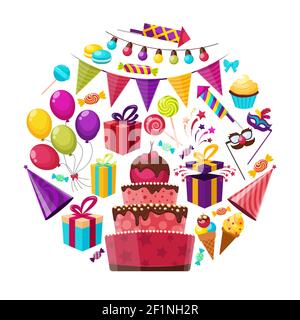 Festa di compleanno isolato cartoon simboli composizione rotonda con dolci presenta bollature e ghirlanda su sfondo vuoto illustrazione vettoriale Illustrazione Vettoriale