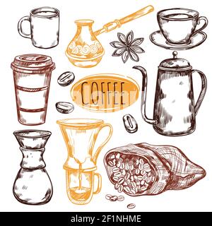 Disegnare il set di icone isolate del caffè con i vasetti per disegnare a mano e. tazze per bere caffè vettore Illustrazione Vettoriale