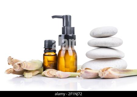 Estratto di olio essenziale di citronella in bottiglia con piante di citronella fresche. Foto Stock