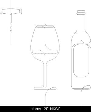 Un set continuo di una linea di una bottiglia di vino, un bicchiere e un cavatappi. Immagine disegnata a mano di una silhouette. Collezione d'arte della linea del vino Illustrazione Vettoriale