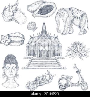 Simboli thailandesi monocromatici disegnati a mano con immagini isolate di decorazioni thailandesi tempio elefante e blockhead illustrazione vettoriale Illustrazione Vettoriale