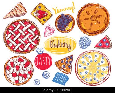 Set di icone di torta di fetta disegnata a mano con tipo diverso di torte e descrizioni illustrazione vettoriale Illustrazione Vettoriale