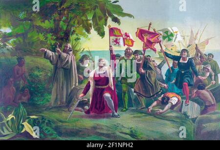 l'esploratore italiano Cristoforo Colombo e il suo equipaggio atterrano a San Salvador il 12 ottobre 1492. Si pensa che San Salvador sia la moderna Isola di Watling nelle Bahamas. Da un'opera del 1891 dopo il dipinto dell'artista spagnolo Dióscoro Puebla. Foto Stock
