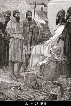 Croeso condannato a morte su una pira funeraria da Ciro il Grande. Croeso, re di Lidia. Simbolo di ricchezza per i greci, si alleò con l'Egitto e con la Babilonia contro Ciro il Grande di Persia. Sconfitto e catturato, fu condannato alla pira funeraria, ma quando invocò il nome di Solon, Cyrus lo perdonò e lo nominò suo consulente. Dalla storia universale di Cassell, pubblicata nel 1888. Foto Stock