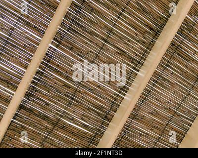 Materiale naturale e texture concetto: Tetto di paglia come sfondo. Rami secchi di bambù. Decorazioni rustiche con un tocco tropicale. Riparo marrone di legno Foto Stock