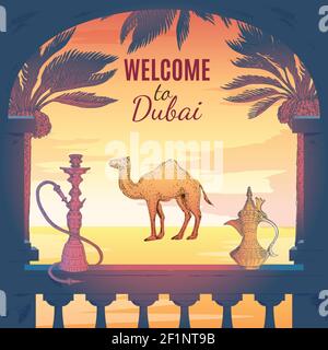 Composizione quadrata disegnata a mano di dubai con montatura a pipa di pipa da terrazza hookah icona del grattacielo palms e illustrazione vettoriale del testo decorativo Illustrazione Vettoriale