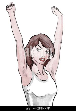 ragazza con le braccia in aria mano disegnata illustrazione Foto Stock