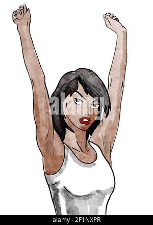 ragazza con le braccia in aria mano disegnata illustrazione Foto Stock