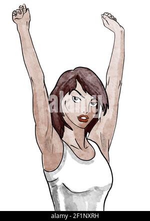 ragazza con le braccia in aria mano disegnata illustrazione Foto Stock