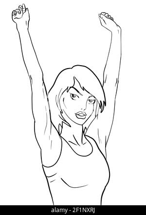 ragazza con le braccia in aria mano disegnata illustrazione Foto Stock