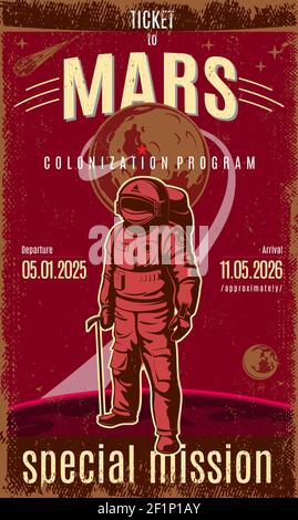 Poster di scoperta Marte colorato d'epoca con astronauta di testo che indossa spacesuit illustrazione vettoriale sullo sfondo del pianeta e dello spazio Illustrazione Vettoriale
