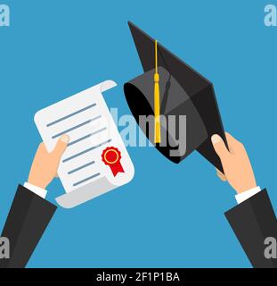 Concetto di istruzione. Cappello di laurea e diploma con timbro e nastro in mani di studente. Illustrazione vettoriale in stile piatto Illustrazione Vettoriale