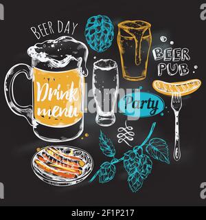 Sketch birra composizione rotonda con set di icone combinato in grande illustrazione vettoriale rotonda della birra Illustrazione Vettoriale