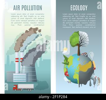 Due banner ecologici verticali con aria ambientale in stile cartoon composizioni concettuali di inquinamento con illustrazione vettoriale di testo modificabile Illustrazione Vettoriale