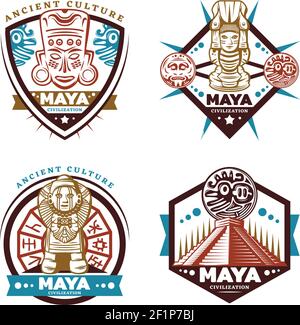 Emblemi di civiltà maya colorati d'epoca con totem con maschera tribale idoli piramide azteca calendario maya isolato vettore illustrazione Illustrazione Vettoriale