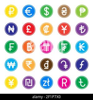 Segni valutari di paesi diversi. Set di simboli di valuta colorati. Illustrazione vettoriale. Illustrazione Vettoriale