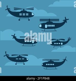 imposta le silhouette blu degli elicotteri. vettore piano 2d Illustrazione Vettoriale