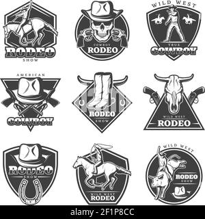 Etichette rodeo monocromatiche con animali da cowboy e selvaggi elementi ad ovest in stile vintage illustrazione vettoriale isolata Illustrazione Vettoriale