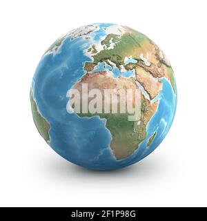 Pianeta Terra globo, isolato su bianco. Geografia del mondo dallo spazio, focalizzata su Europa e Africa - elementi forniti dalla NASA Foto Stock
