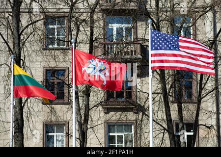 Stati Uniti o Stati Uniti e Lituania, bandiera americana, lituana e Vytis che sventolano insieme in città con edifici e parco sullo sfondo Foto Stock