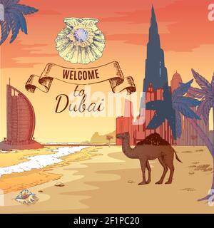 sfondo colorato di dubai disegnato a mano con moderne silhouette di edifici in riva al mare con le palme di sabbia del tramonto e l'illustrazione del vettore del cammello Illustrazione Vettoriale