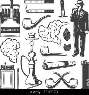 Collezione vintage di elementi da fumo con sigarette gentleman hookah pipe fiammiferi accendisigari tabacco foglie isolato vettore illustrazione Illustrazione Vettoriale