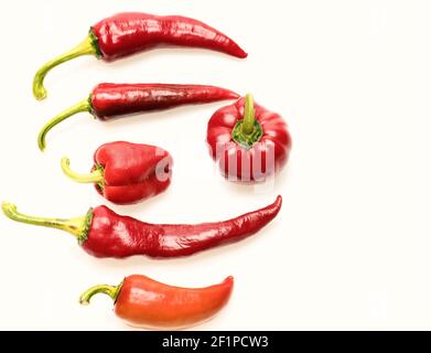 Agricoltura e concetto di cibo fresco. Peperoncini di colore rosso isolati su sfondo bianco. Set di peperoni speziati messicani di diverse forme. Paprika, caraibi e habanero pepe in primo piano. Foto Stock