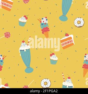 Dolce sfondo vettoriale senza cuciture con gelato, torta, cupcake e ciambelle. Compleanno ripetizione modello cibo dolce. Illustrazione Vettoriale