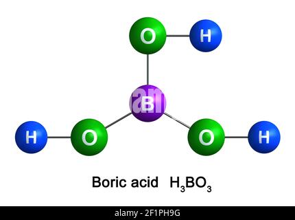 Rendering 3d della struttura molecolare dell'acido borico isolato su sfondo bianco. Gli atomi sono rappresentati come sfere con codifica a colori e con simboli chimici: Foto Stock