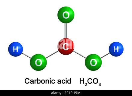 rappresentazione 3d della struttura molecolare dell'acido carbonico isolato su sfondo bianco. Gli atomi sono rappresentati come sfere con colore e simbolo chimico codi Foto Stock