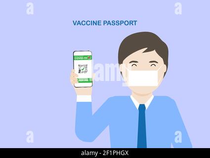 Smartphone per adulti di sesso maschile con illustrazione digitale del passaporto del vaccino dopo la vaccinazione con covid-19. Concetto di viaggio in una nuova normalità. Illustrazione vettoriale Illustrazione Vettoriale