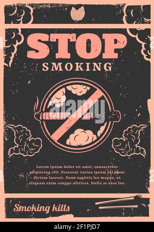 Poster vintage stop fumo con testo sigaretta corrisponde foglie di tabacco e fuma nubi vettore illustrazione Illustrazione Vettoriale