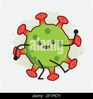 Illustrazione vettoriale del carattere verde del virus con il viso carino, le mani semplici e l'arte della linea della gamba su sfondo isolato. Stile doodle a fumetti piatti. Illustrazione Vettoriale